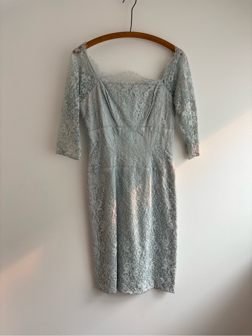 Early 60s pale blue lace wiggle dress by “Emma Domb California,” 29” waist, EUC
